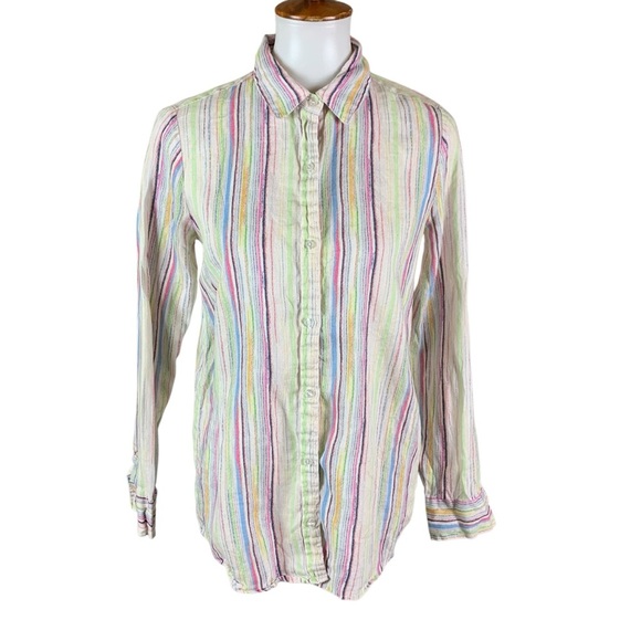Ecru Womens Button Down Shirt Multicolor Striped Long Sleeve Casual Linen Small - Picture 1 of 6